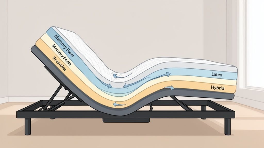 An adjustable bed with multiple mattress layers, including memory foam, latex, and hybrid, showing airflow.