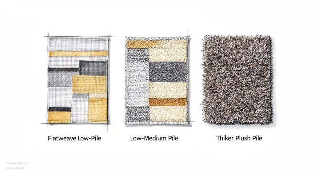 Sketches illustrating three different rug textures: flatweave low-pile, low-medium pile, and thicker plush pile.
