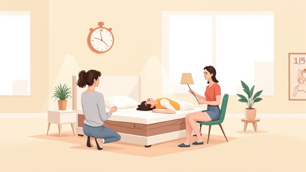 Three people in a bedroom, two observing a person lying on a mattress, evaluating comfort and support.