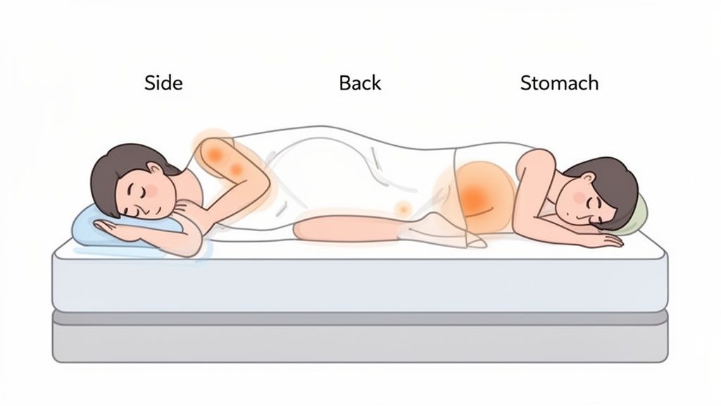 Illustration of three sleeping positions (side, back, stomach) on a mattress, highlighting common pressure points.