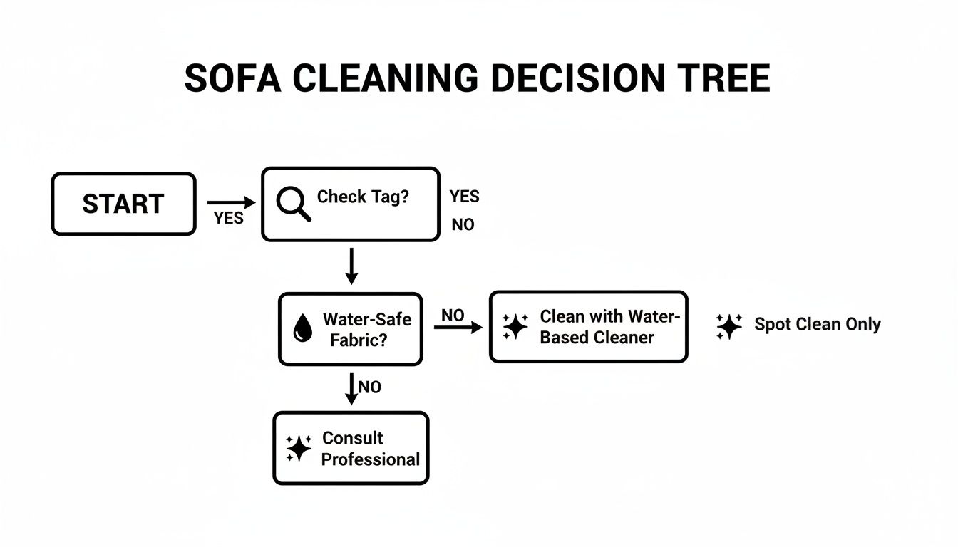 A sofa cleaning decision tree flowchart guiding cleaning based on fabric tag and water-safe status.