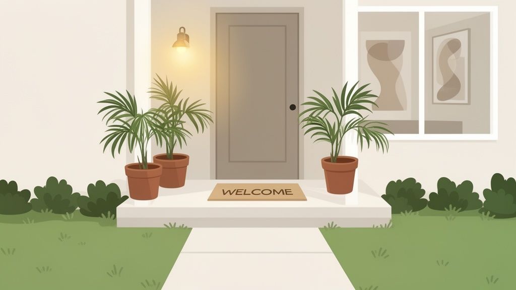 A welcoming home entrance with a gray front door, potted plants, a "Welcome" mat, and green landscaping.