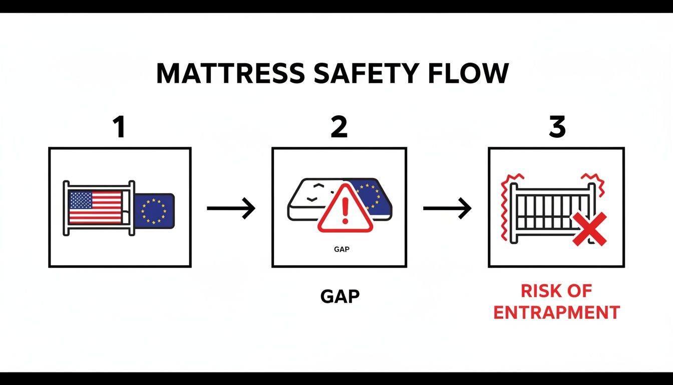 Flowchart illustrating mattress safety, highlighting the risk of entrapment due to gaps from mixing US and EU mattress standards.