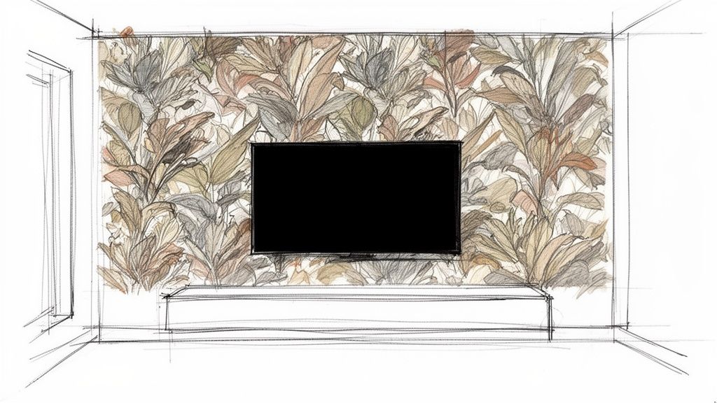 Sketch of a living room wall featuring botanical wallpaper, a mounted TV, and a white media console.