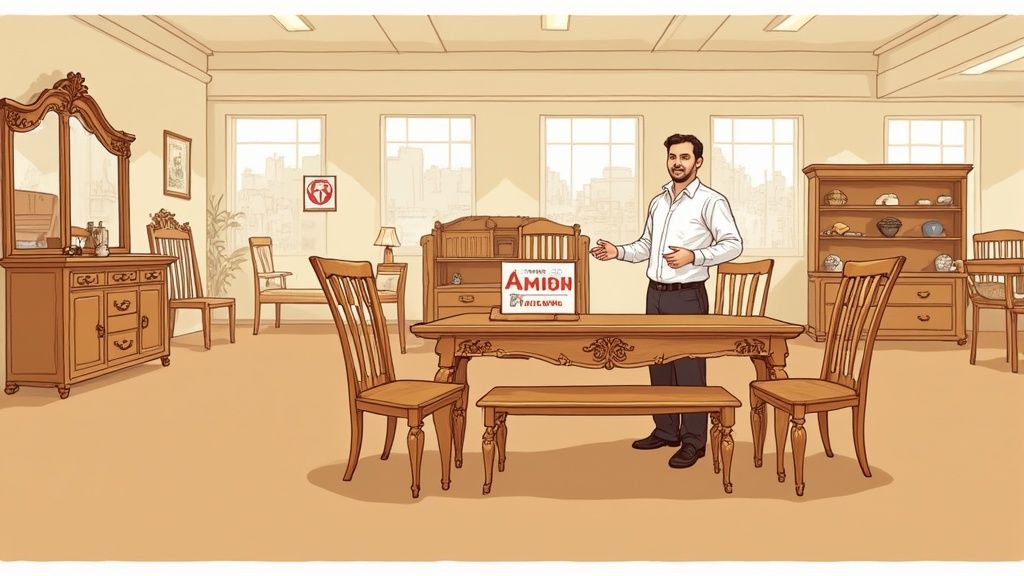 A smiling man in a furniture store showcases a wooden dining table set, chairs, and other furniture.