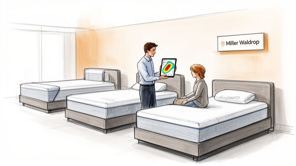 A salesman shows a woman on a bed a tablet displaying a body pressure map for mattress selection.