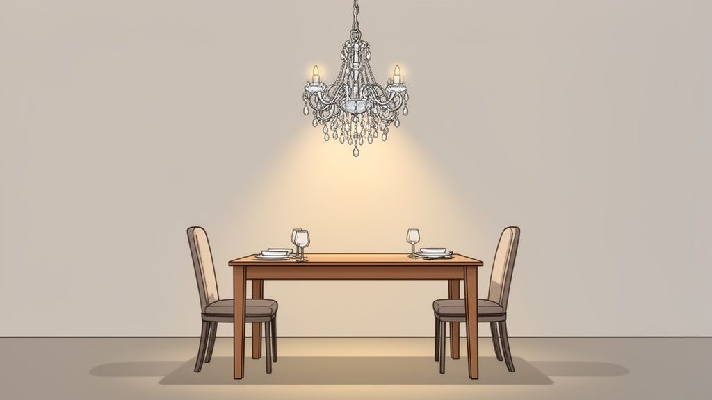 An elegant dining room table set for two, illuminated by a sparkling crystal chandelier.