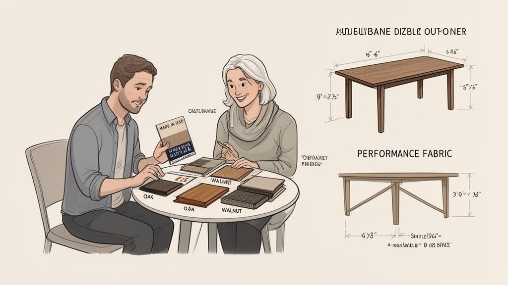 A man and woman review wood and fabric samples for furniture design, next to table diagrams.