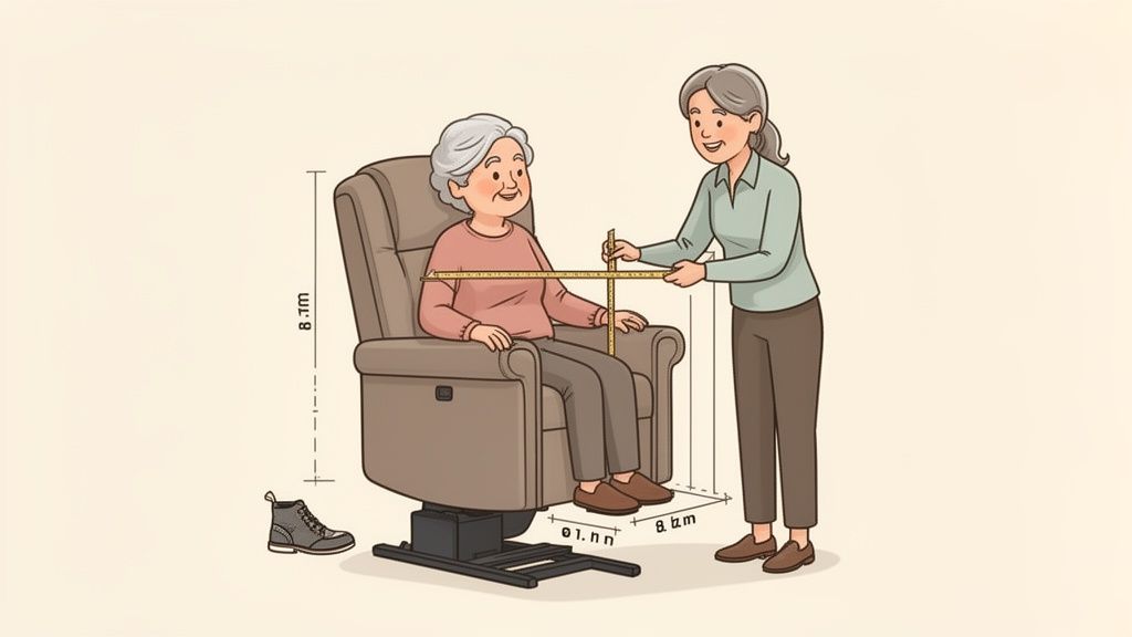 A younger woman measures an elderly woman seated in a recliner chair, illustrating custom chair dimensions.