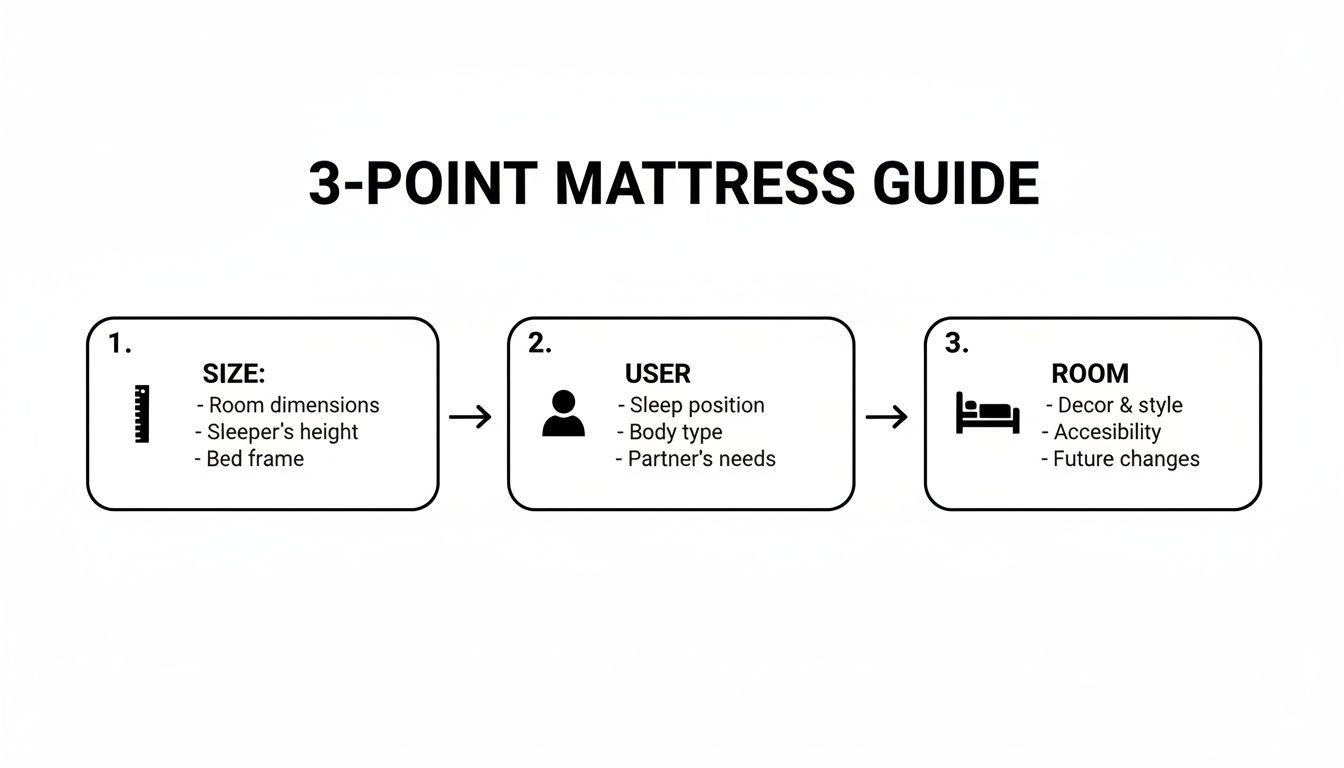 A 3-point mattress guide illustrating key considerations for choosing a mattress: size, user, and room.