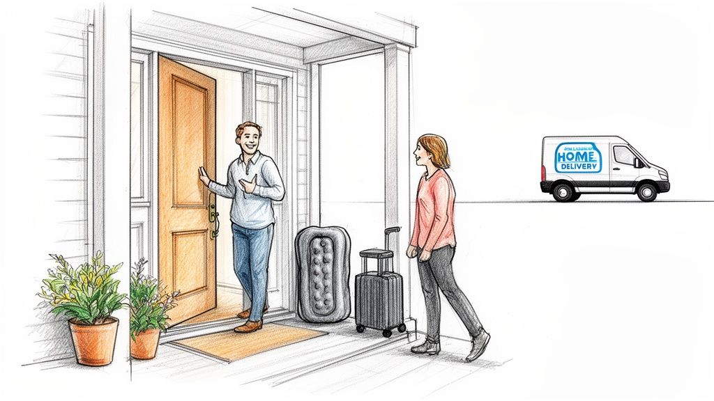 A smiling man welcomes a woman with luggage and an air mattress to a home, with a delivery van nearby.