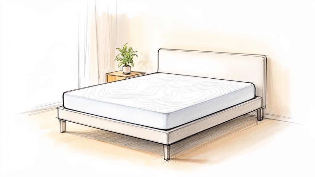 A simple sketch of a bed with a white mattress, a headboard, and a plant on a nightstand.