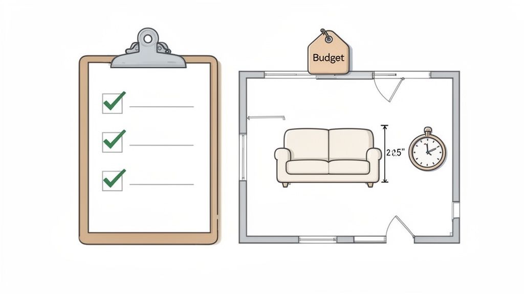 Checklist, room floor plan with sofa, its height (22.5 inches), a clock, and a budget tag.