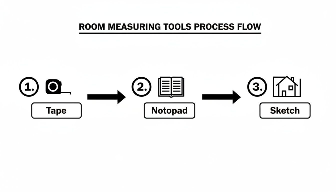 A process flow shows room measuring tools: tape measure, notepad, and creating a room sketch.