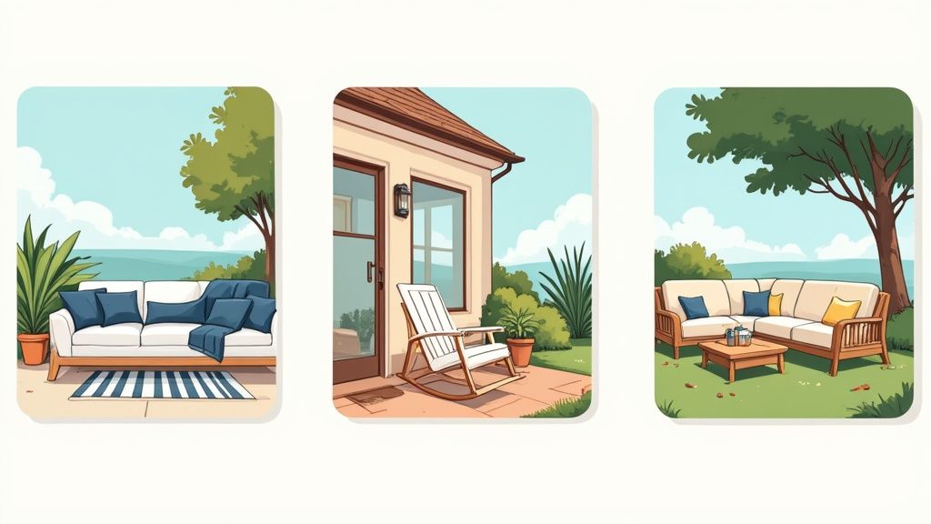 Stylish outdoor seating area with comfortable wicker furniture and blue cushions, perfect for a Central Florida home.