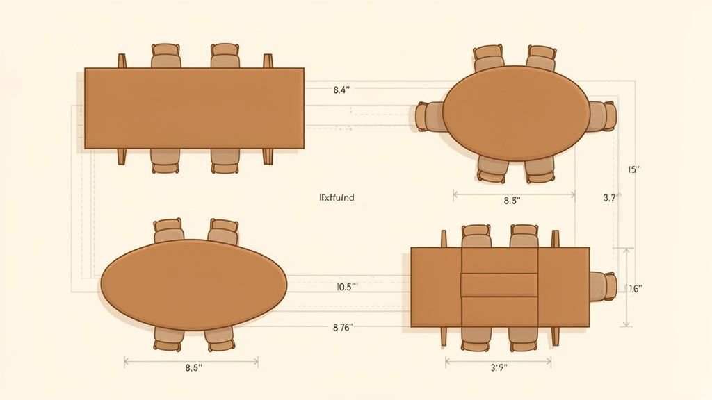 Top-down view of four different solid wood dining table configurations with chairs and dimensions.