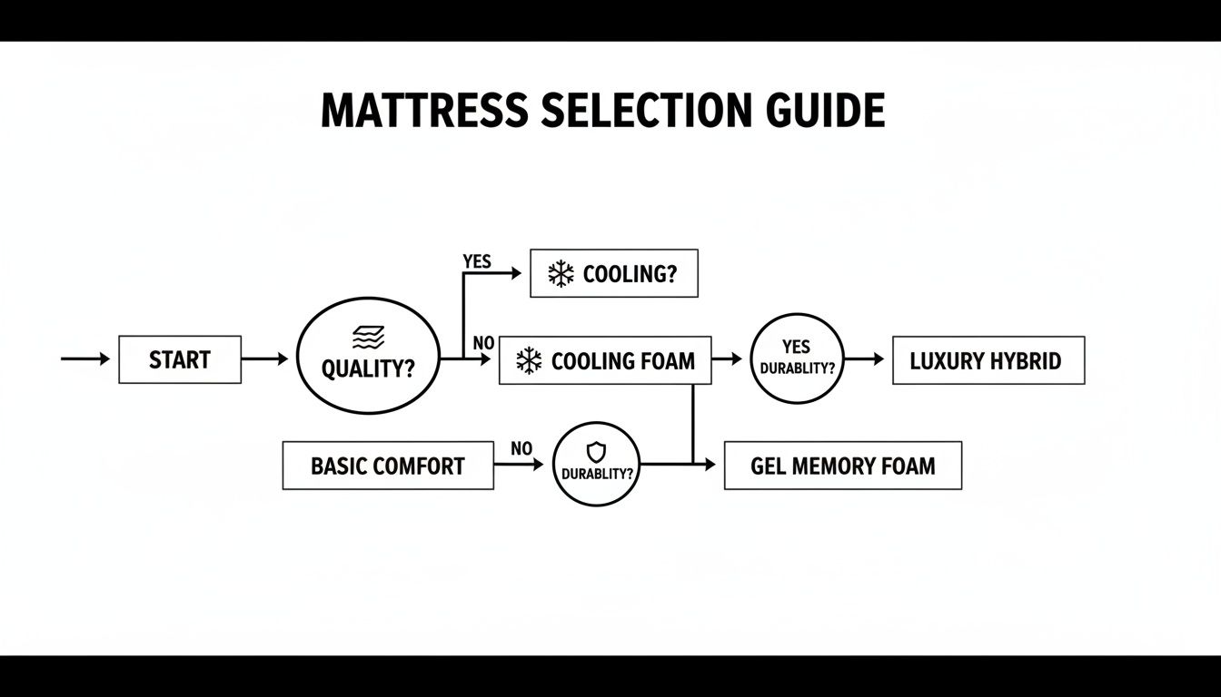 Flowchart for mattress selection, guiding users based on quality, cooling, and durability for optimal comfort.