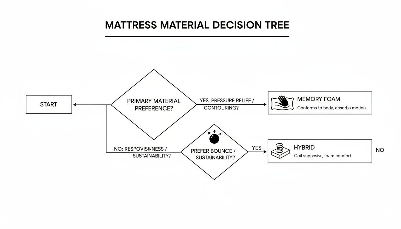 Decision tree flowchart for choosing a mattress material, leading to Memory Foam or Hybrid based on preferences.