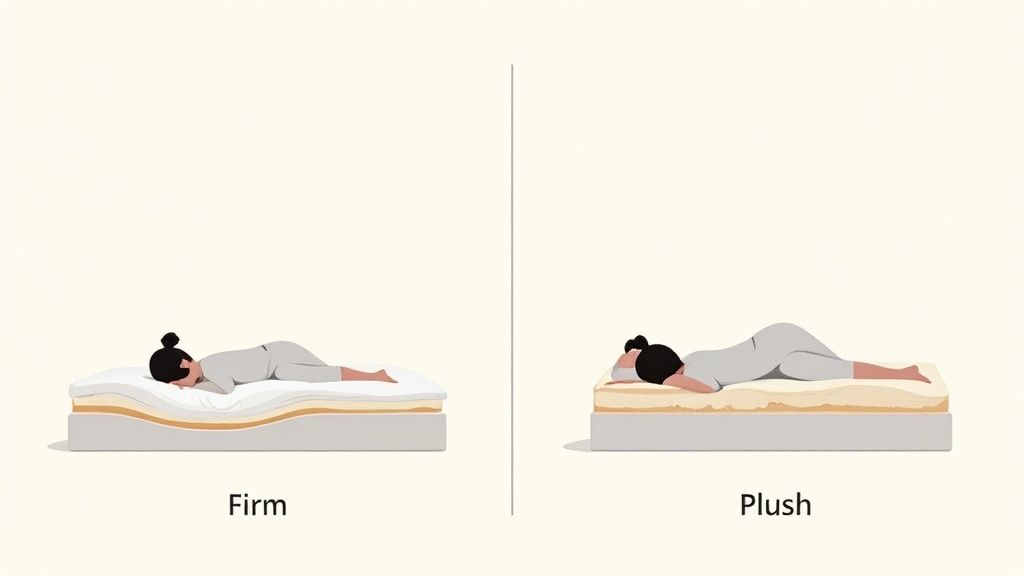 Illustration comparing a side sleeper on a firm mattress with less sink and a plush mattress with more sink.
