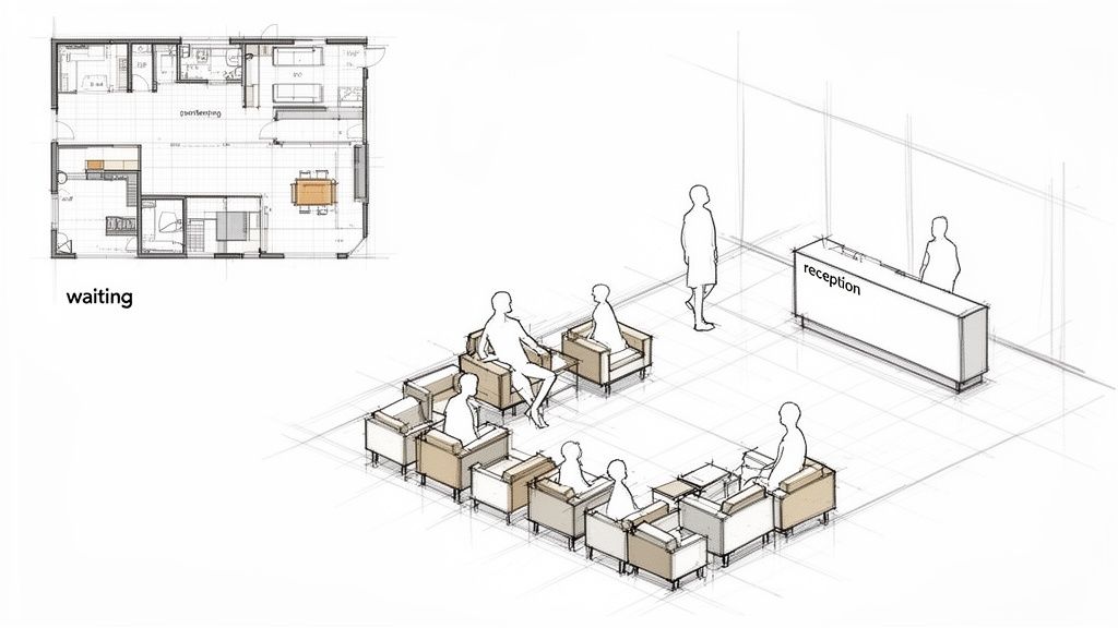Architectural drawing with a floor plan and isometric sketch of a waiting room and reception desk.