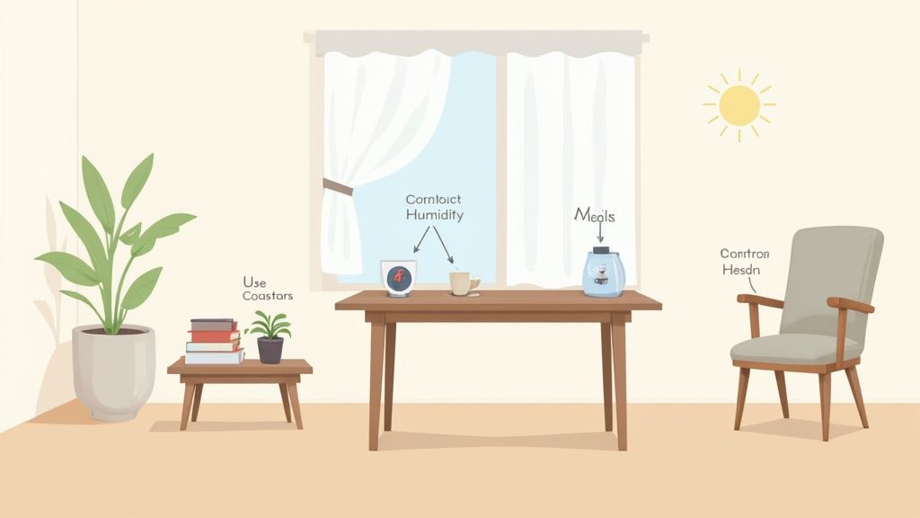 An illustration showing various tips for maintaining wood furniture: using coasters, controlling humidity, and avoiding direct sunlight.