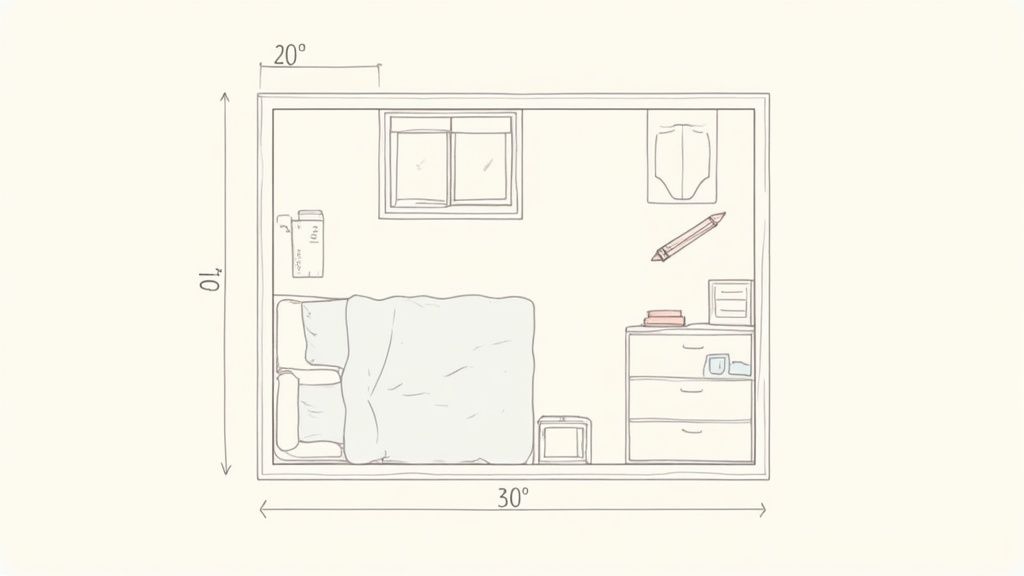 Smart bedroom blueprint with measured dimensions