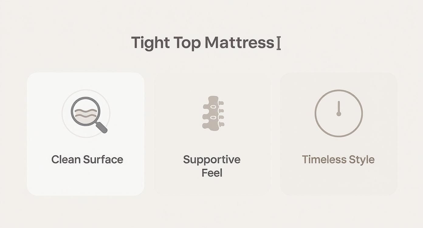 An infographic detailing the key benefits of a Tight Top Mattress: Clean Surface, Supportive Feel, and Timeless Style.