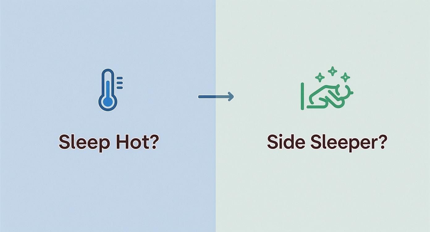 Infographic decision tree for choosing a memory foam mattress based on sleeping hot or being a side sleeper.