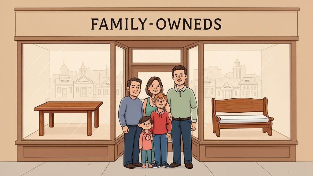 A happy family of five stands proudly in front of their "Family-Owned" furniture store.