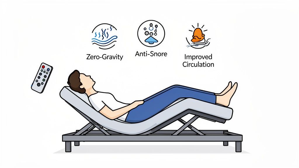 A person lies on a grey adjustable bed with a remote control, highlighting Zero-Gravity, Anti-Snore, and Improved Circulation benefits.