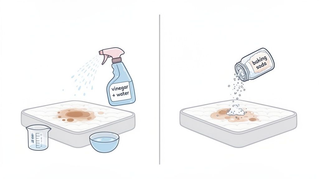 Illustration showing two steps to clean a mattress stain: spraying with vinegar solution and applying baking soda.