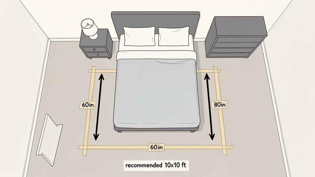 Overhead view of a bedroom showing a bed, nightstands, and dresser with tape marking floor dimensions.