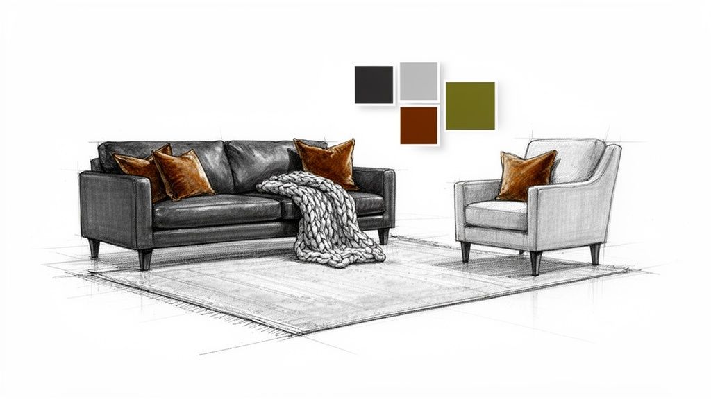 A hand-drawn sketch showcasing a dark leather sofa and light fabric armchair with accent pillows and color palette.