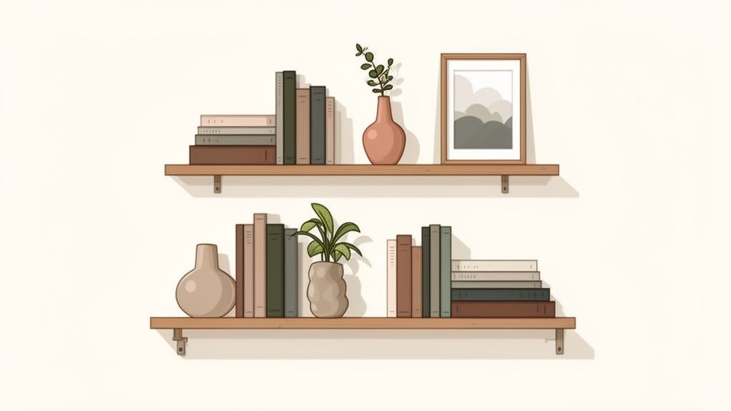 Two minimalist wooden shelves on a light wall, decorated with books, potted plants, and vases.