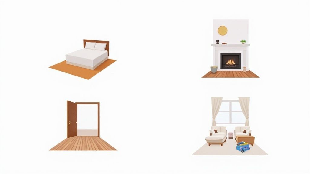 Illustrations of home interiors: a bed on a rug, a fireplace, a doorway, and a living room.