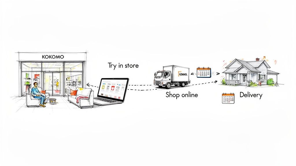 Sketch showing a customer trying furniture in a store, then shopping online, and receiving home delivery.