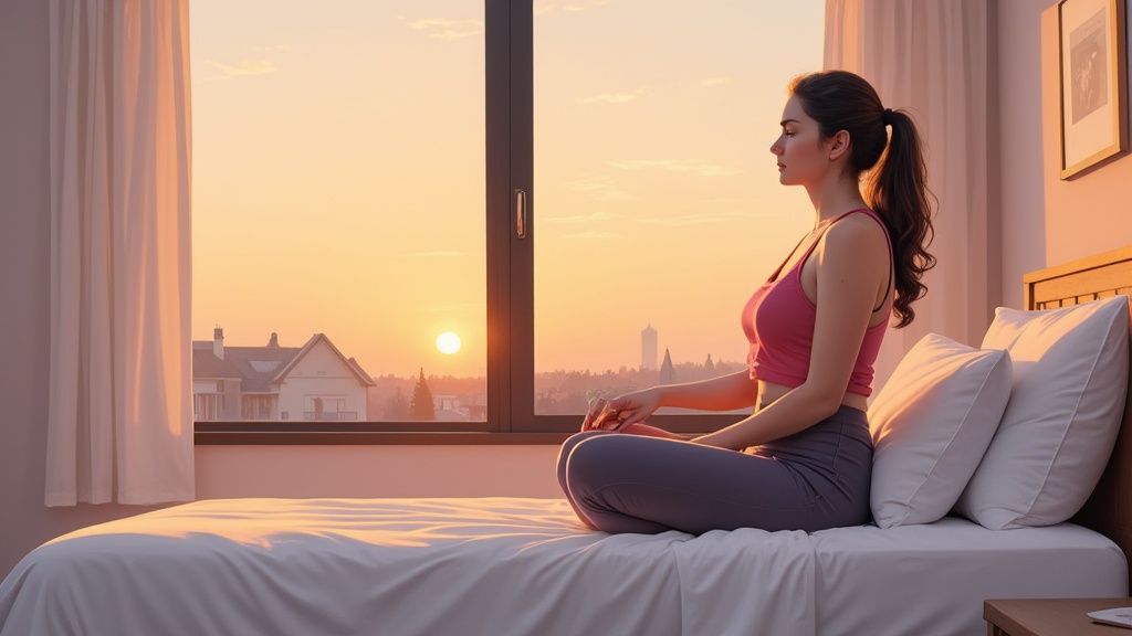 A young woman meditates in a yoga pose on a comfortable bed by a window at sunrise.