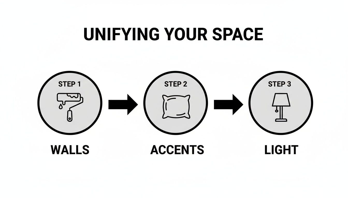 A three-step guide to unifying a space: Walls, Accents, and Light, represented by icons.