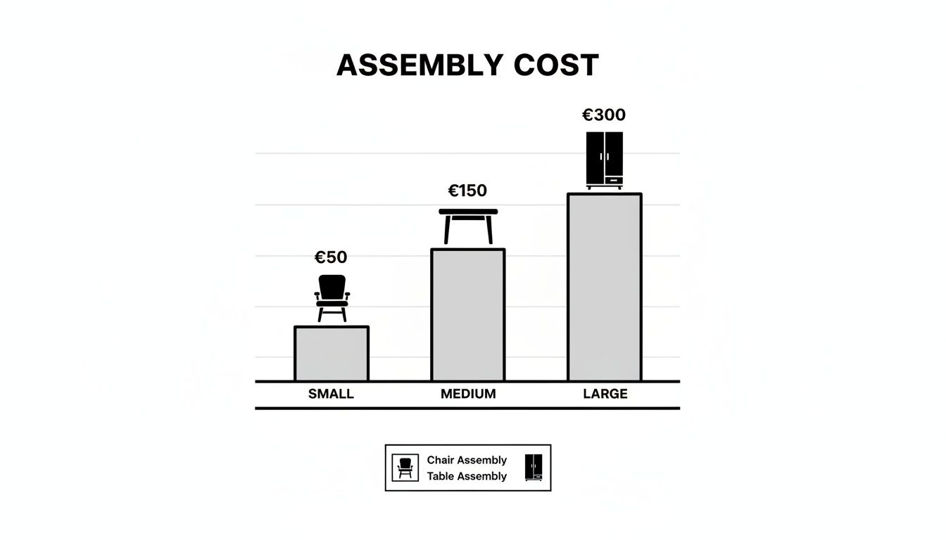 Bar chart illustrating assembly costs for small, medium, and large furniture items: €50, €150, and €300 respectively.