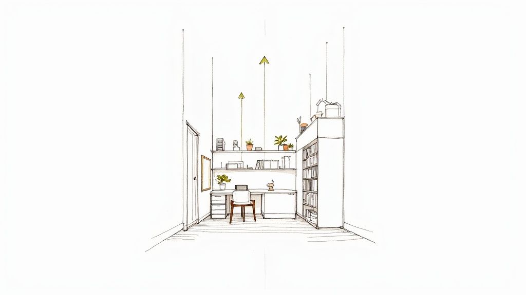 Minimalist line drawing of a home office with a desk, chair, shelves, plants, and a full bookcase.