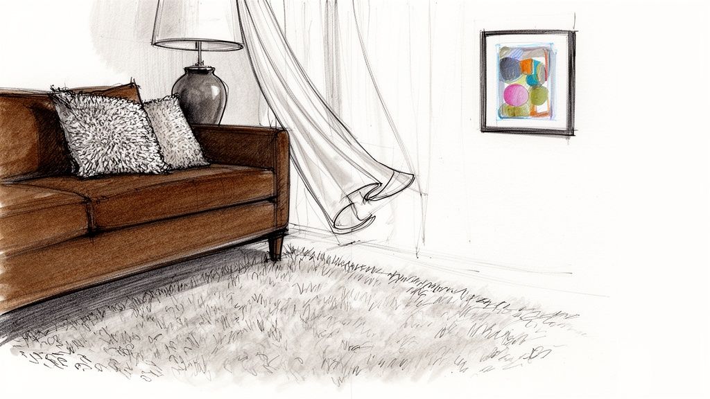 A hand-drawn sketch of a cozy living room featuring a brown sofa, fluffy pillows, and billowing curtains.