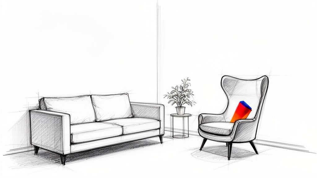A black and white sketch of a modern living room with a sofa, plant, and an accent chair holding a colorful object.