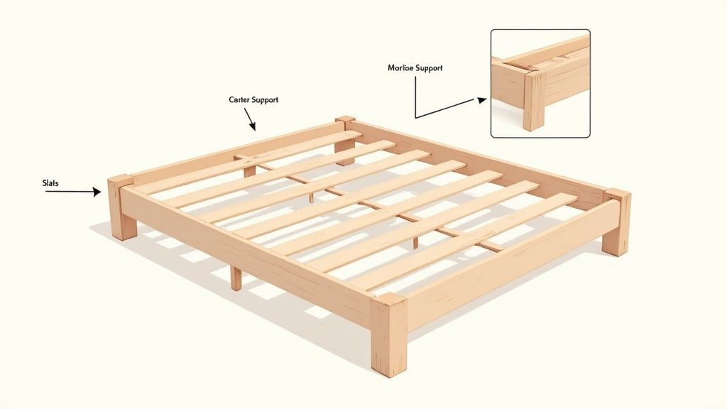 An illustration showing the components of a wooden bed frame, including slats and various support types.