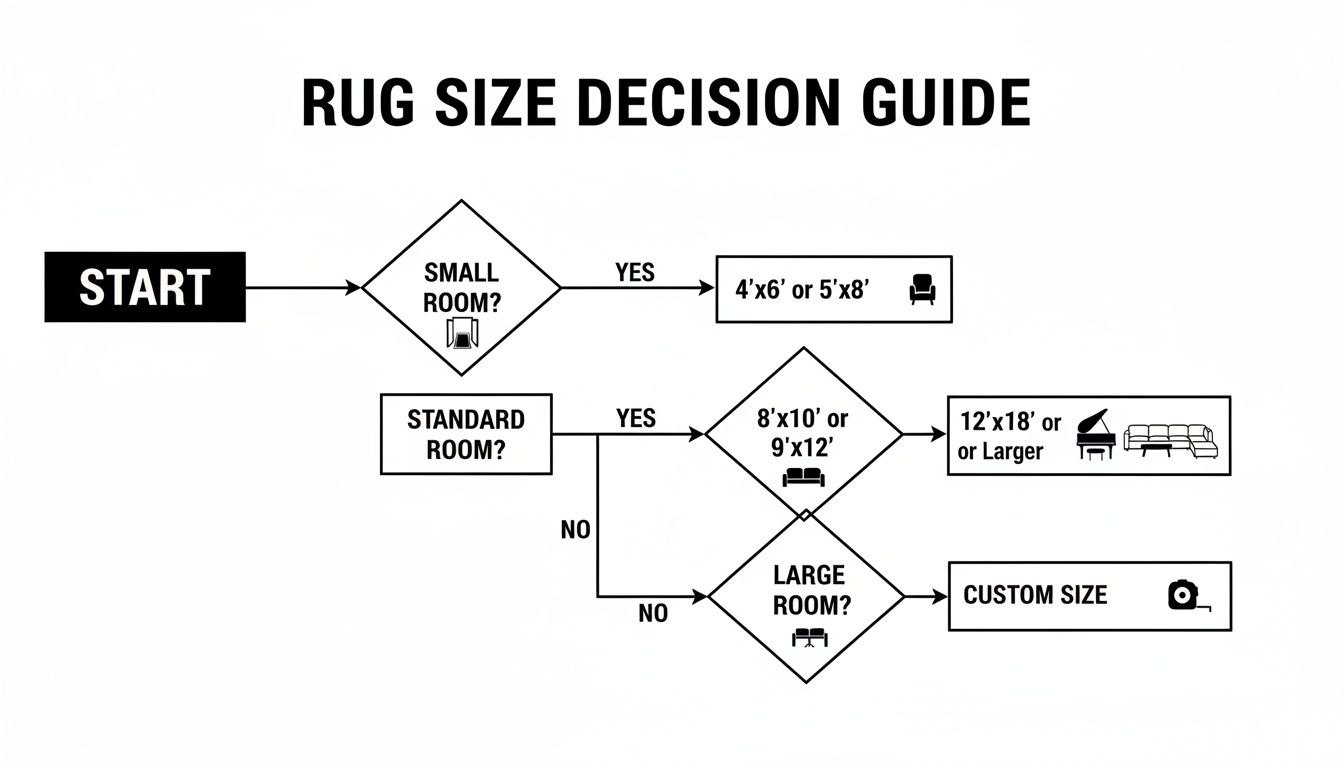 A flowchart titled 'Rug Size Decision Guide' helping to choose rug dimensions for different room sizes.