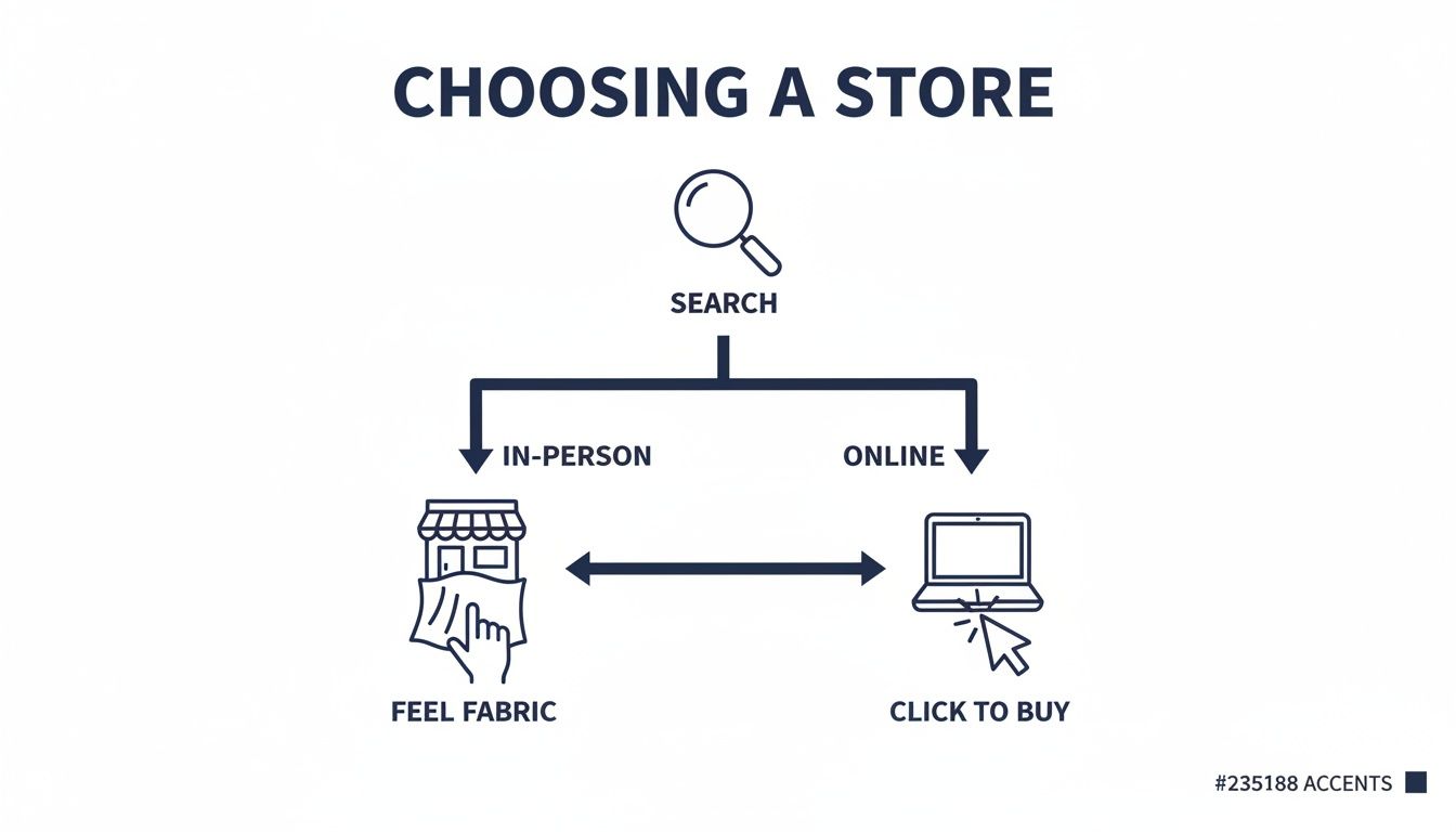 Flowchart illustrating the process of choosing a store, offering in-person or online shopping options.