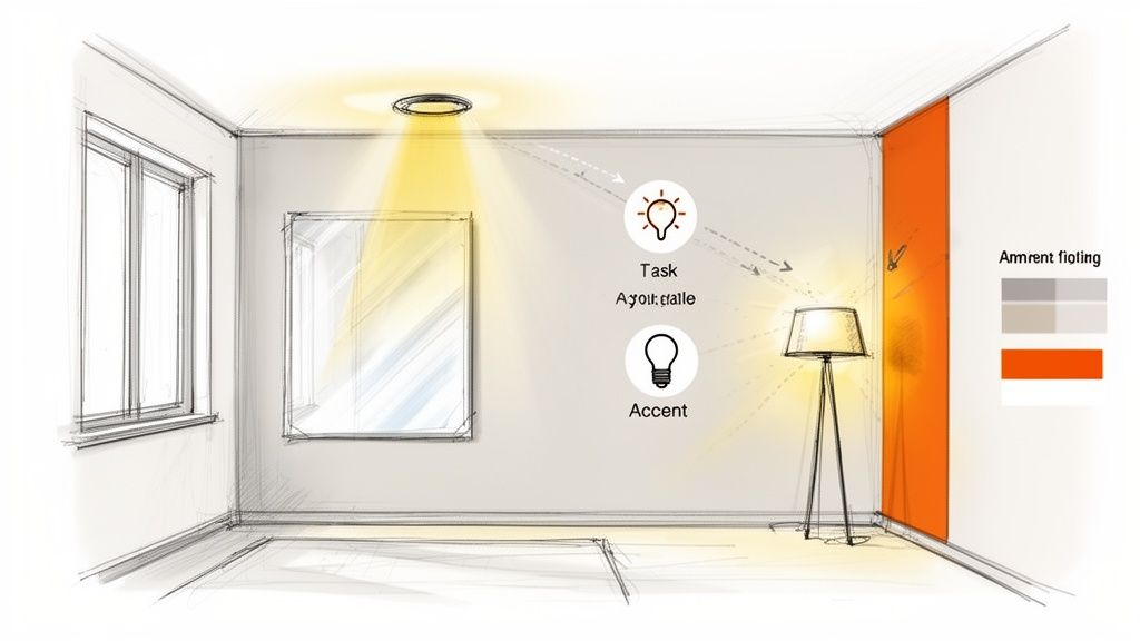 Sketch of a room demonstrating task and accent lighting with an orange feature wall.