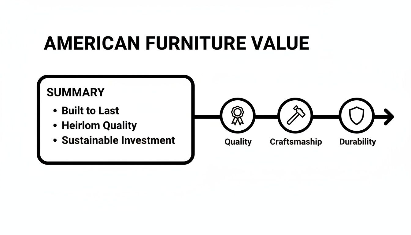 Diagram illustrating American furniture value through quality, craftsmanship, durability, and sustainable investment.