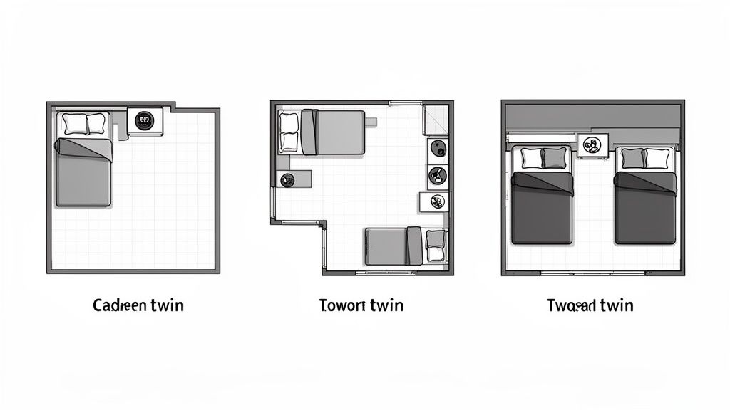 Overhead view of three twin bed room layouts: L-shaped single, L-shaped double, and side-by-side double.