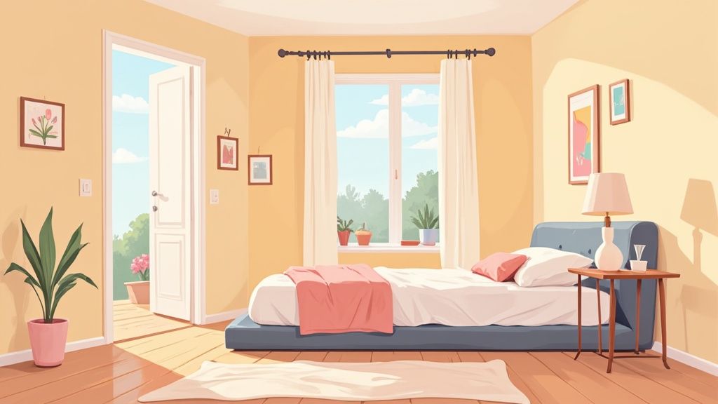 A warm, sunlit bedroom with a bed, green plants, and an open door to a garden.