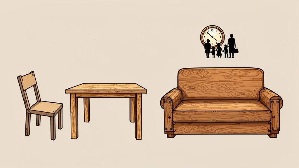 Wooden chair, table, and sofa with a wall clock and family silhouette on a light background.